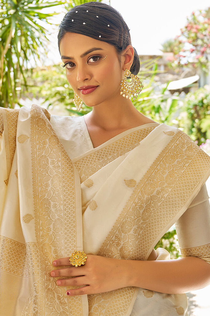 Lagniappe Beige Kanjivaram Silk Saree With Dissemble Blouse Piece Bvipul