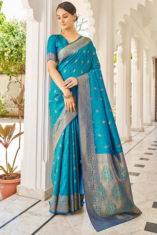 Elision Firozi Kanjivaram Silk Saree With Comely Blouse Piece Bvipul