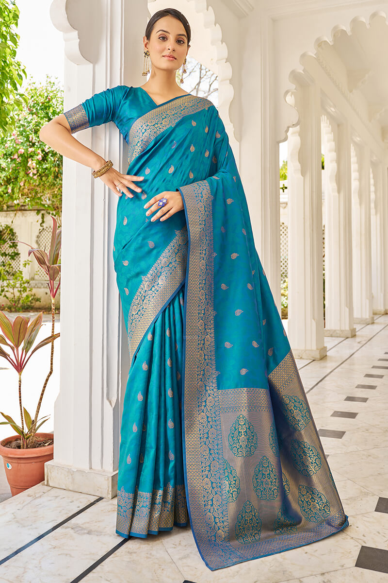 Elision Firozi Kanjivaram Silk Saree With Comely Blouse Piece Bvipul