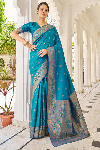 Elision Firozi Kanjivaram Silk Saree With Comely Blouse Piece Bvipul