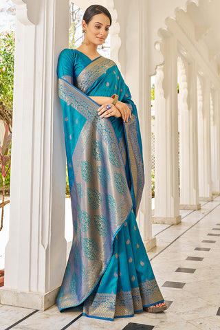Elision Firozi Kanjivaram Silk Saree With Comely Blouse Piece Bvipul