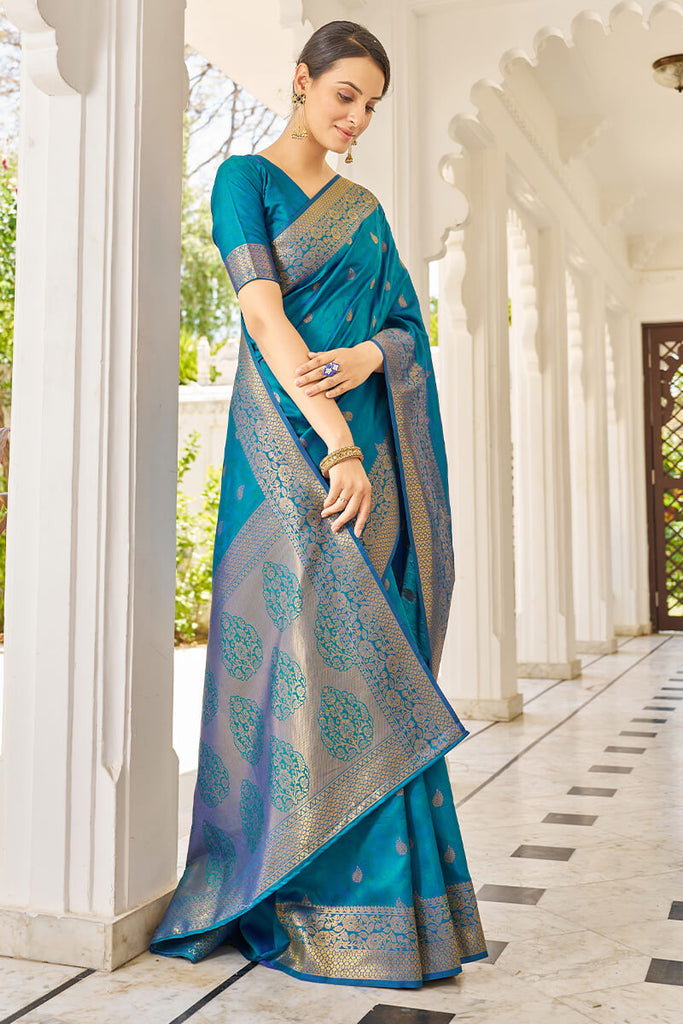 Elision Firozi Kanjivaram Silk Saree With Comely Blouse Piece Bvipul