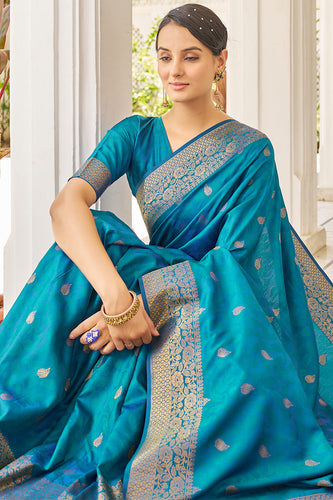 Elision Firozi Kanjivaram Silk Saree With Comely Blouse Piece Bvipul