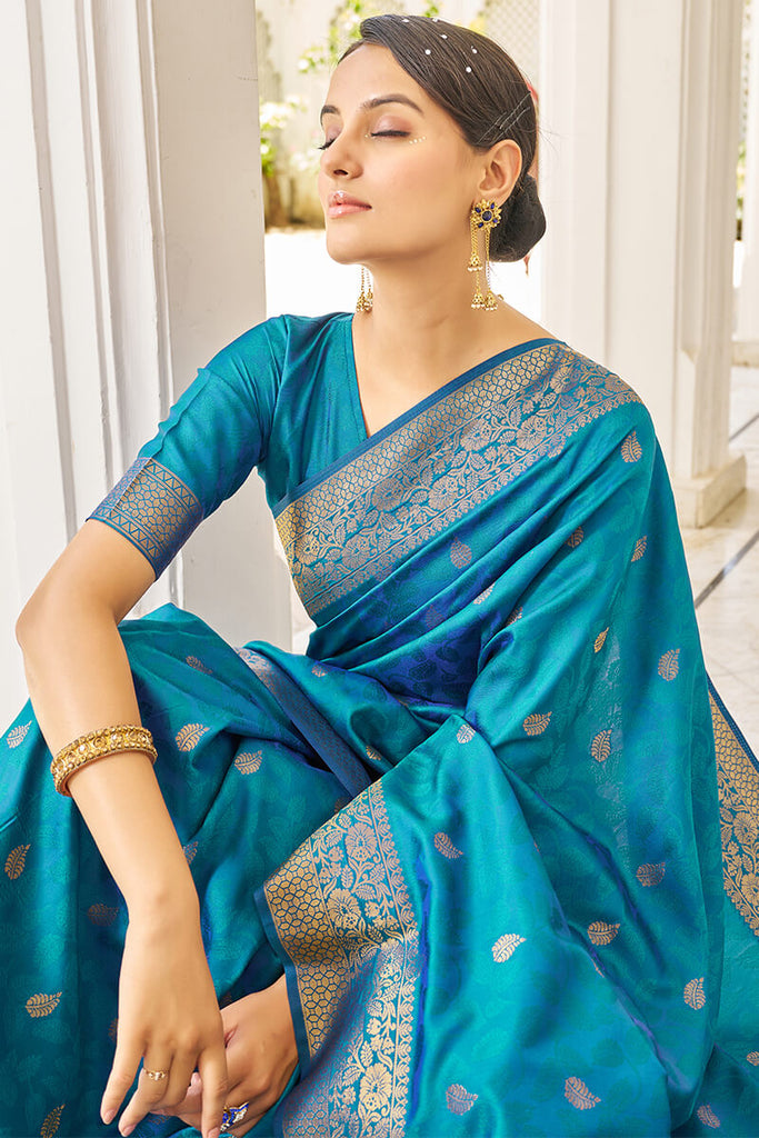 Elision Firozi Kanjivaram Silk Saree With Comely Blouse Piece Bvipul