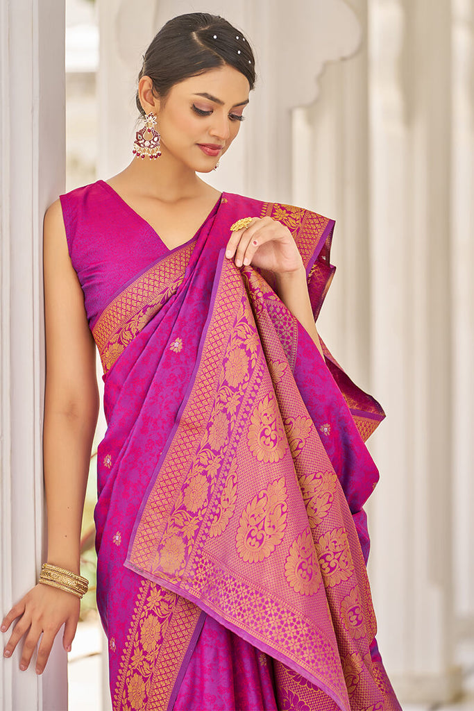 Cynosure Purple Kanjivaram Silk Saree With Inspiring Blouse Piece Bvipul