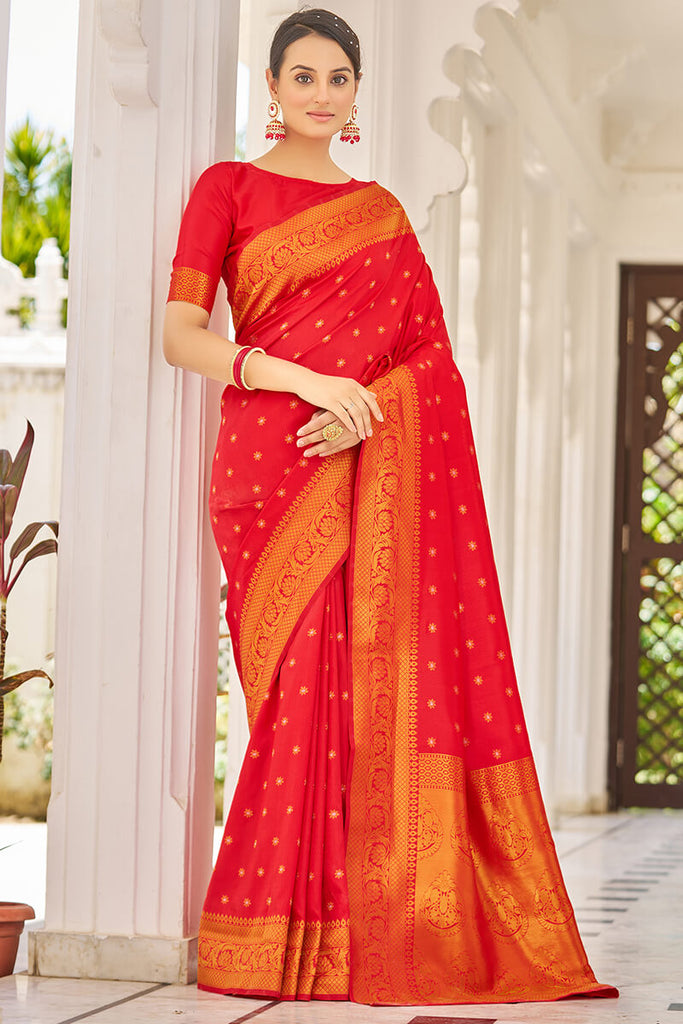 Trendy Red Kanjivaram Silk Saree With Demanding Blouse Piece Bvipul