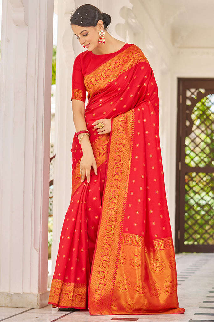 Trendy Red Kanjivaram Silk Saree With Demanding Blouse Piece Bvipul