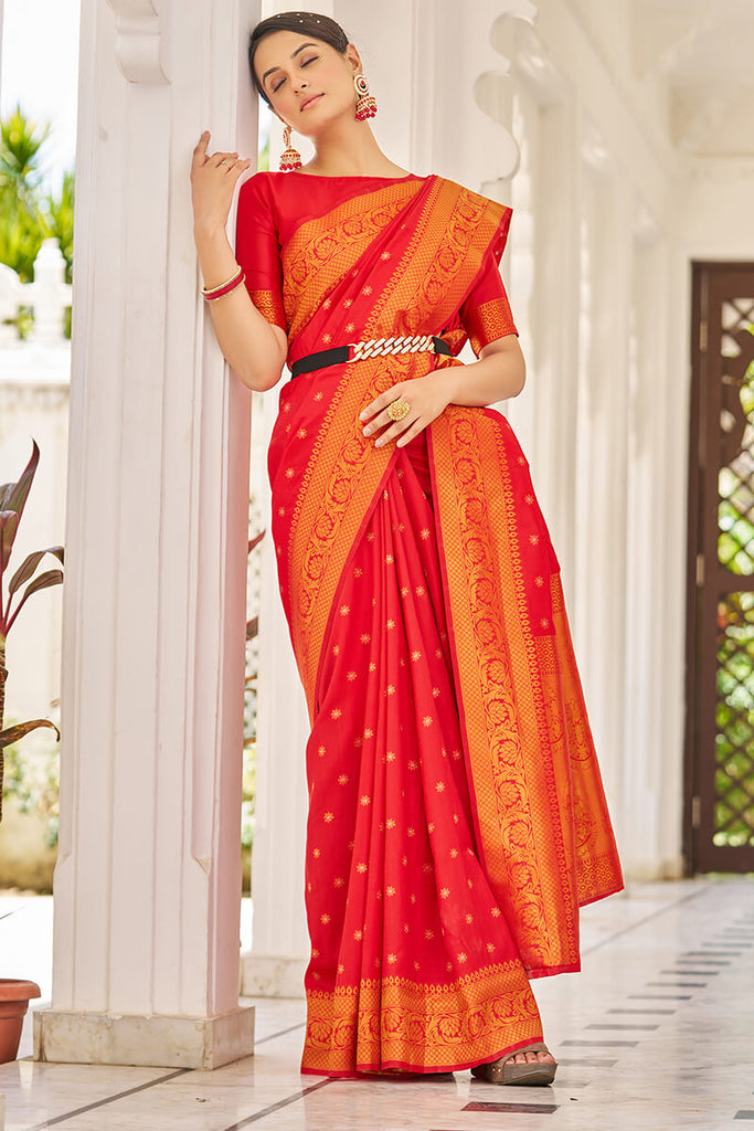 Trendy Red Kanjivaram Silk Saree With Demanding Blouse Piece Bvipul