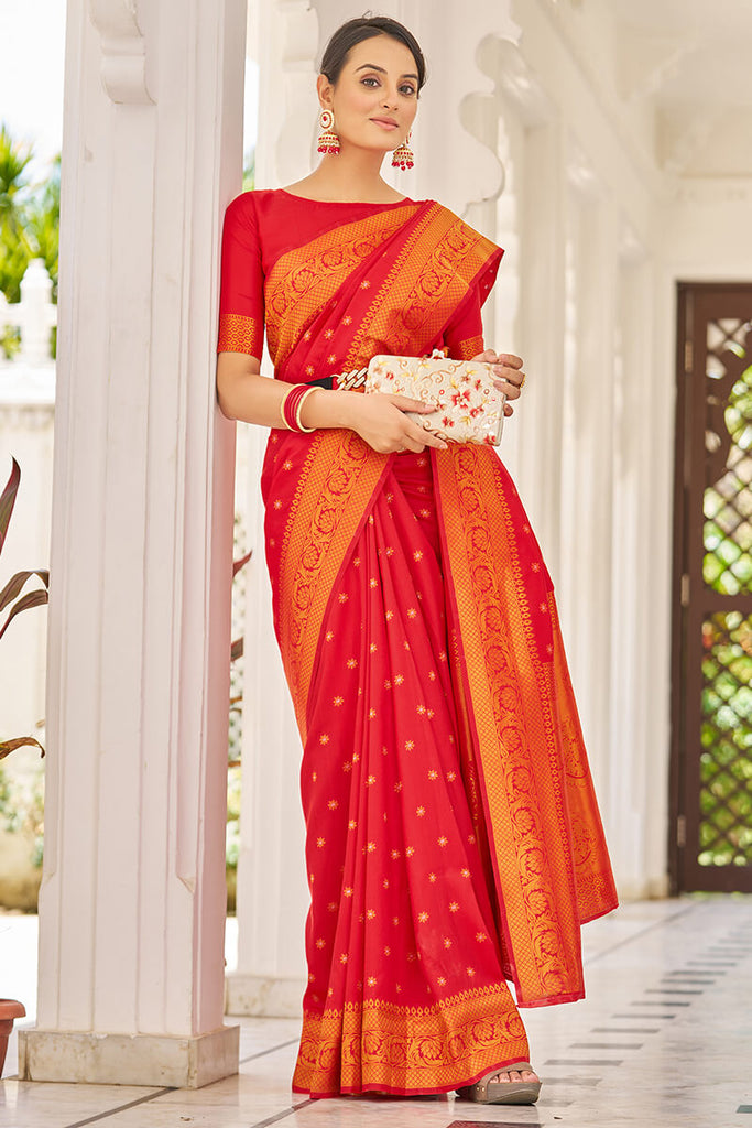 Trendy Red Kanjivaram Silk Saree With Demanding Blouse Piece Bvipul