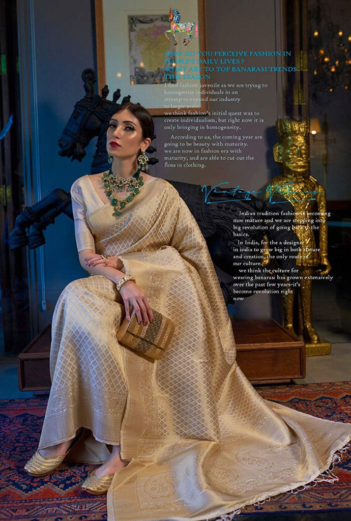 Mesmerising Beige Kanjivaram Silk Saree With Demure Blouse Piece Bvipul