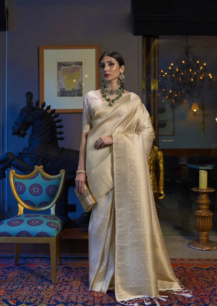 Mesmerising Beige Kanjivaram Silk Saree With Demure Blouse Piece Bvipul