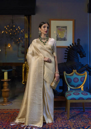 Mesmerising Beige Kanjivaram Silk Saree With Demure Blouse Piece Bvipul