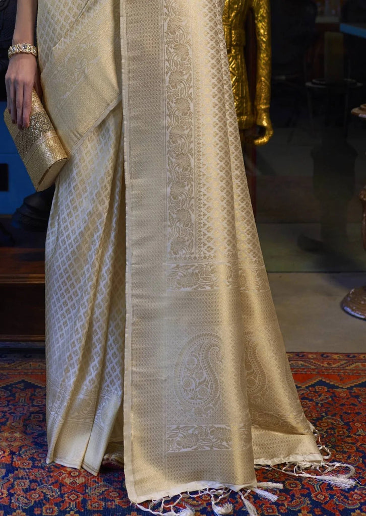 Mesmerising Beige Kanjivaram Silk Saree With Demure Blouse Piece Bvipul