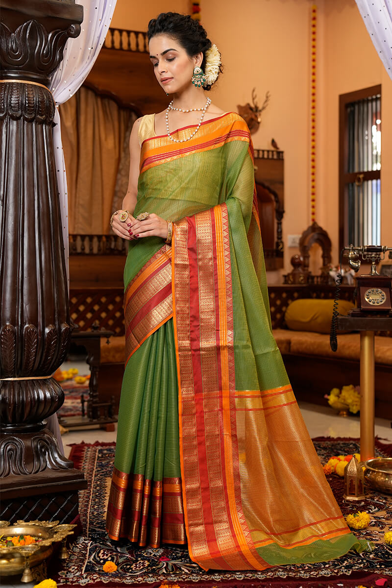 Assemblage Green Soft Silk Saree With Brood Blouse Piece Bvipul