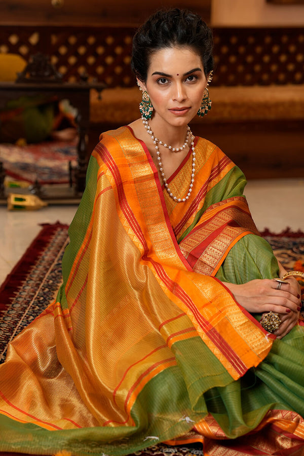 Assemblage Green Soft Silk Saree With Brood Blouse Piece Bvipul