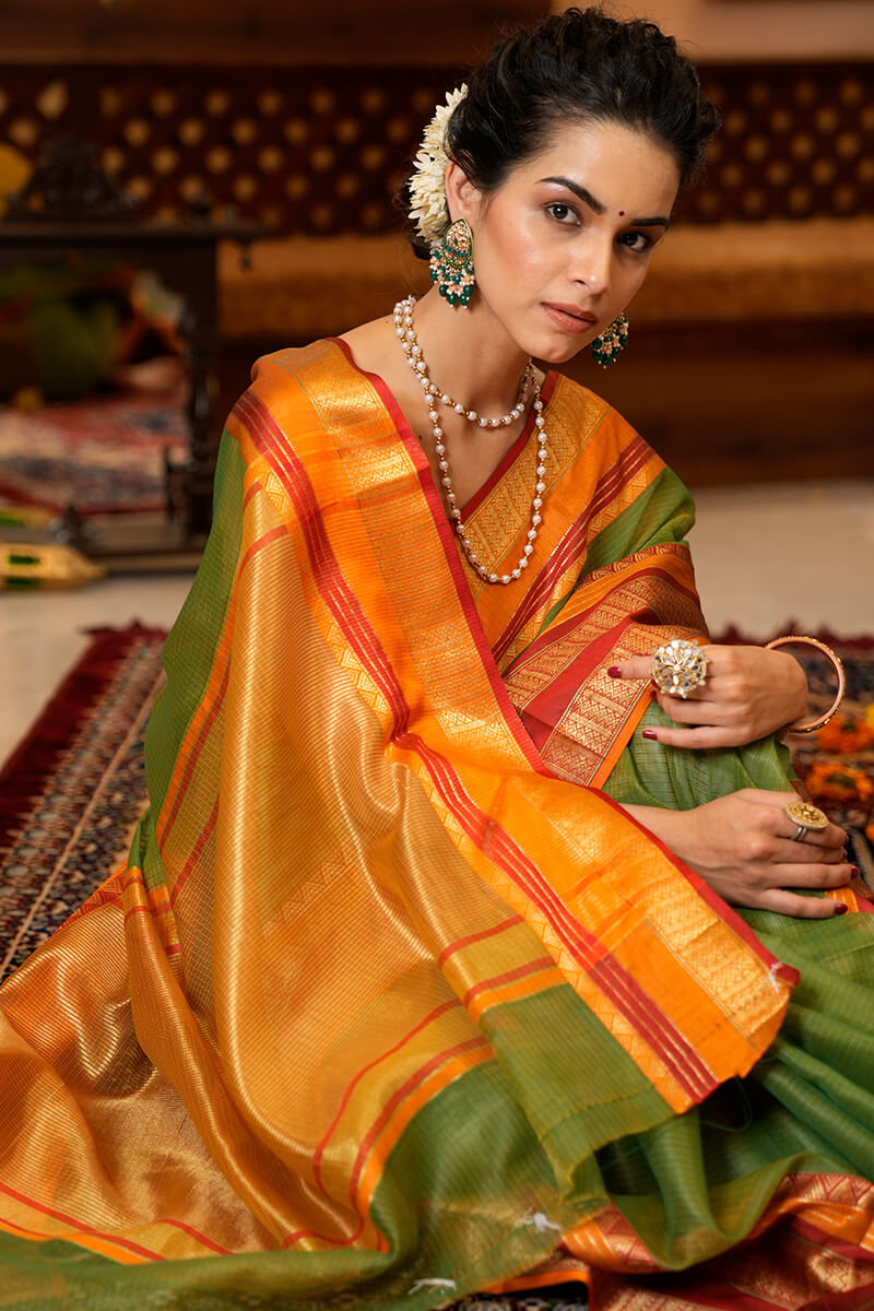Assemblage Green Soft Silk Saree With Brood Blouse Piece Secondary image