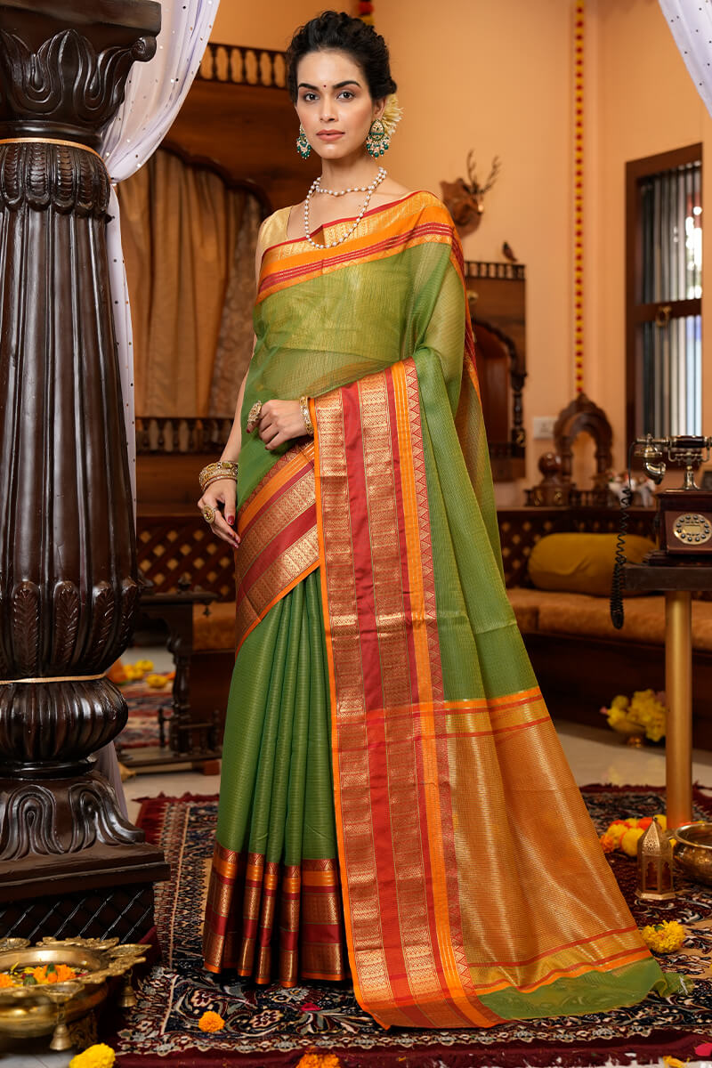 Assemblage Green Soft Silk Saree With Brood Blouse Piece Bvipul Main image