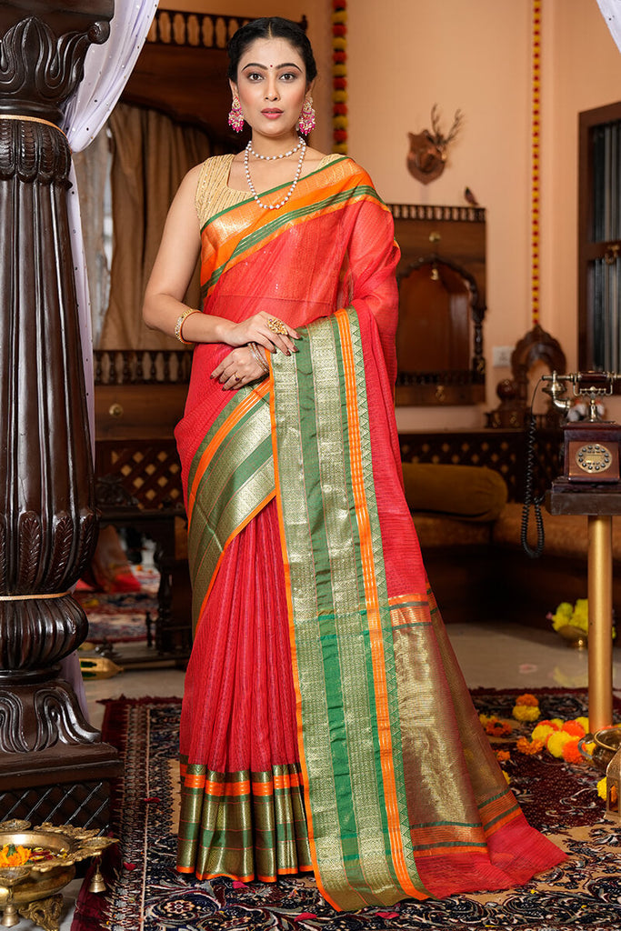 Stylish Red And Green Colour Soft Silk Saree With Hand Print – Bahuji -  Premium Silk Sarees Online Shopping Store