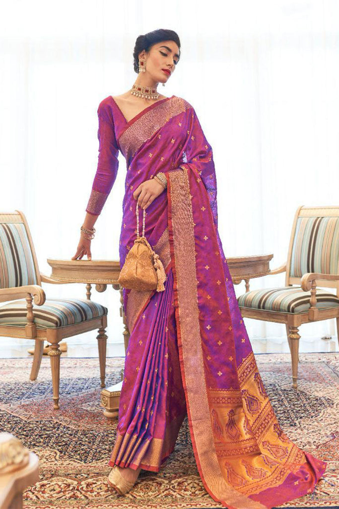 Groovy Purple Kanjivaram Silk Saree With Groovy Blouse Piece Bvipul