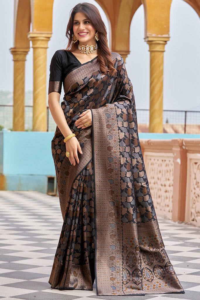 Stunning Black Kanjivaram Silk Saree With Divine Blouse Piece Bvipul