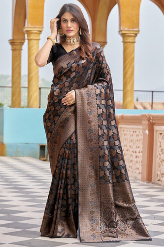 Stunning Black Kanjivaram Silk Saree With Divine Blouse Piece Bvipul