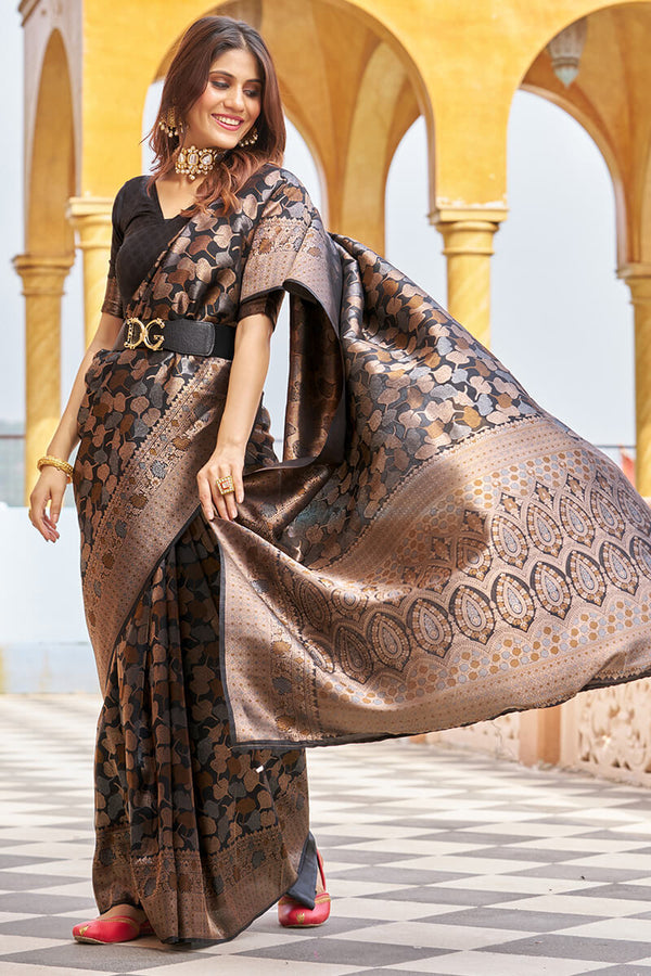 Stunning Black Kanjivaram Silk Saree With Divine Blouse Piece Bvipul