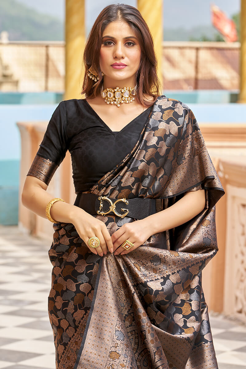 Stunning Black Kanjivaram Silk Saree With Divine Blouse Piece Bvipul
