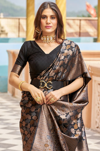 Stunning Black Kanjivaram Silk Saree With Divine Blouse Piece Bvipul