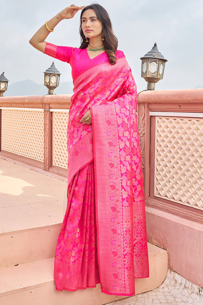 Marvellous Dark Pink Kanjivaram Silk Saree With Assemblage Blouse Piece Bvipul