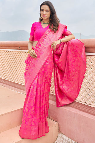Marvellous Dark Pink Kanjivaram Silk Saree With Assemblage Blouse Piece Bvipul