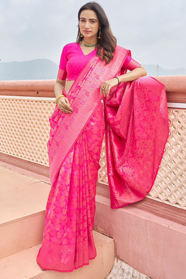Marvellous Dark Pink Kanjivaram Silk Saree With Assemblage Blouse Piece Bvipul