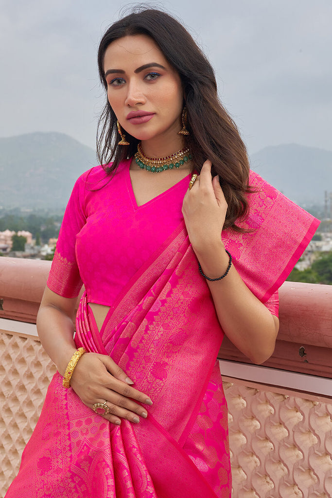 Marvellous Dark Pink Kanjivaram Silk Saree With Assemblage Blouse Piece Bvipul