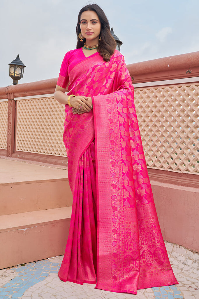 Deep Pink Zari Woven Traditional Patola Silk Saree With Self Brocade B –  zarikaariindia.com