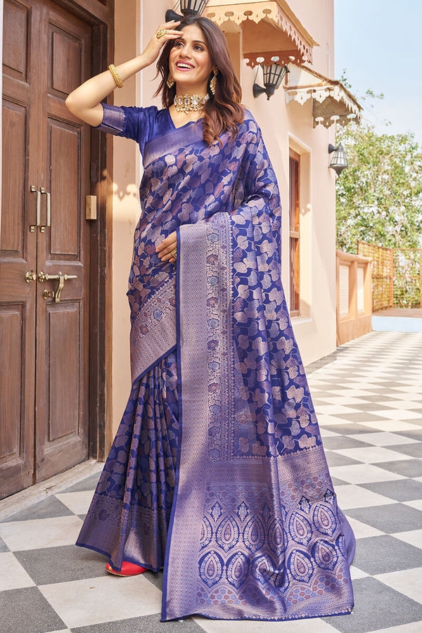 Elegant Navy Blue Kanjivaram Silk Saree With Chatoyant Blouse Piece Bvipul