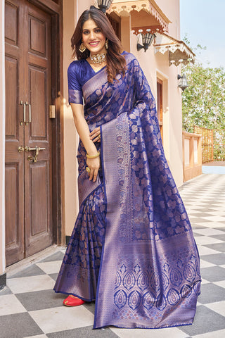Elegant Navy Blue Kanjivaram Silk Saree With Chatoyant Blouse Piece Bvipul