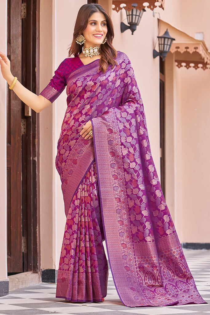 Flattering Purple Kanjivaram Silk Saree With Desuetude Blouse Piece Bvipul