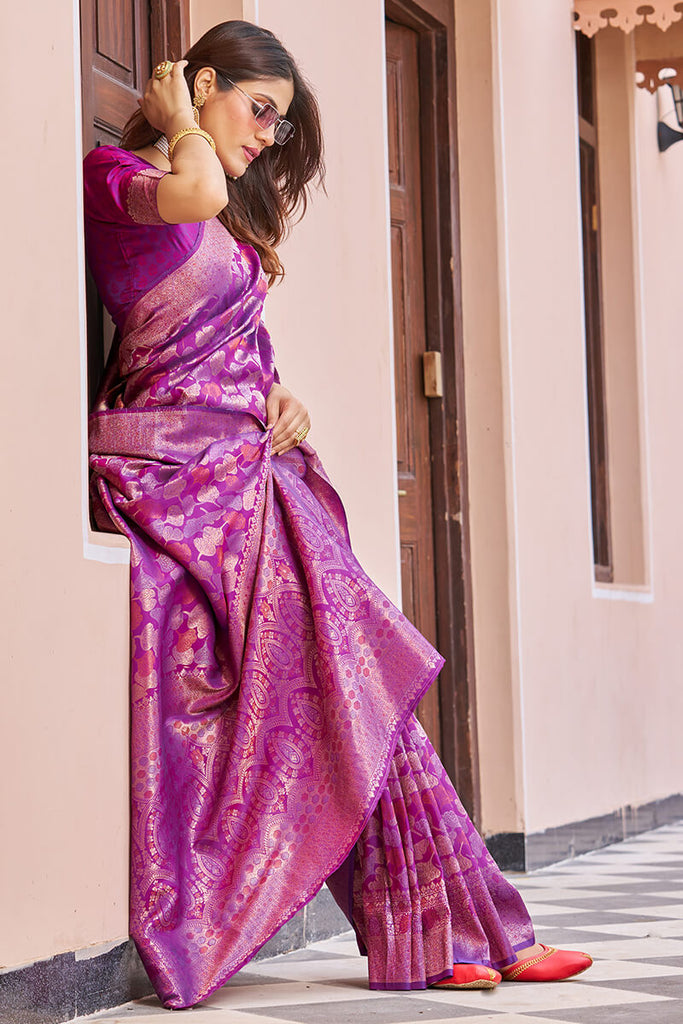 Flattering Purple Kanjivaram Silk Saree With Desuetude Blouse Piece Bvipul