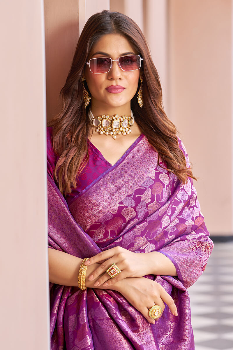 Flattering Purple Kanjivaram Silk Saree With Desuetude Blouse Piece Bvipul