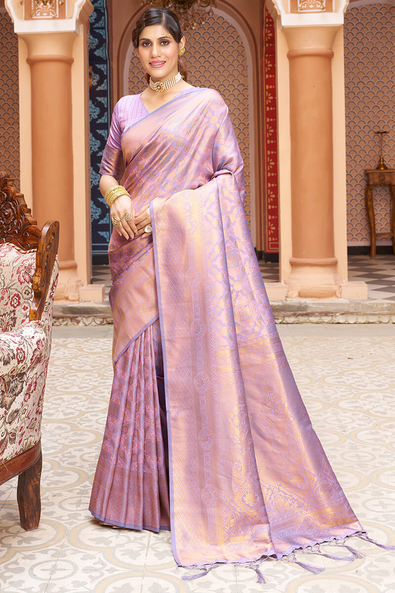 Gorgeous Lavender Kanjivaram Silk Saree With Incredible Blouse Piece Bvipul Main image