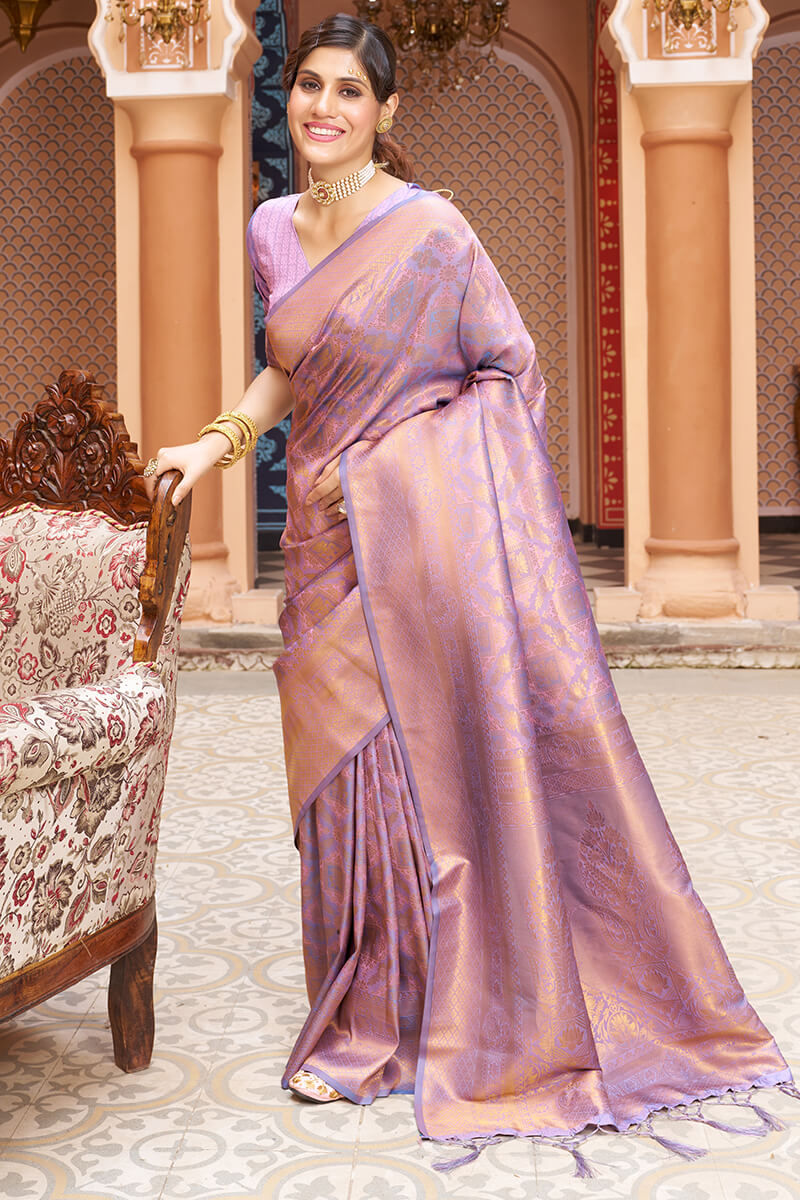 Gorgeous Lavender Kanjivaram Silk Saree With Incredible Blouse Piece Bvipul