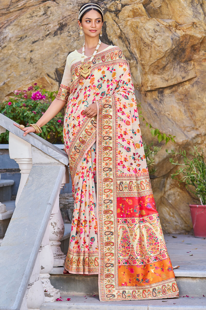 Mesmerising Beige Pashmina saree With Pleasurable Blouse Piece Bvipul Main image
