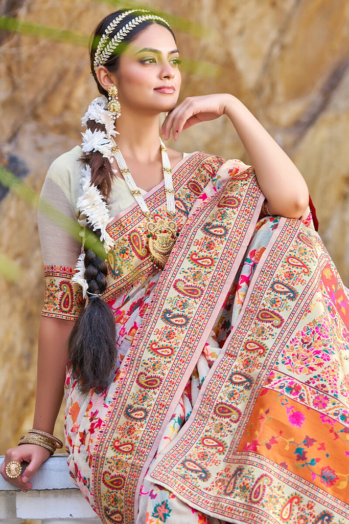 Mesmerising Beige Pashmina saree With Pleasurable Blouse Piece Bvipul