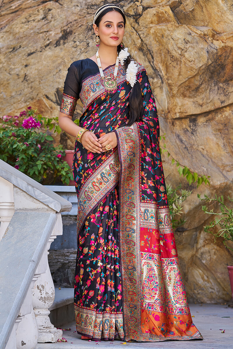 Stylish Black Pashmina saree With Scrumptious Blouse Piece Bvipul Main image