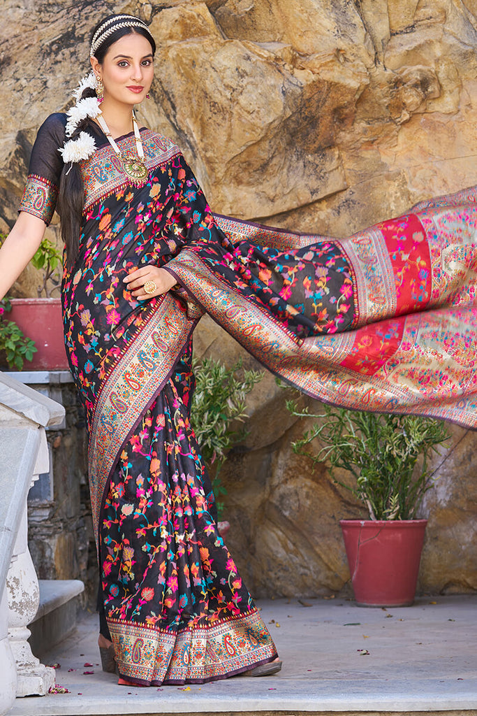 Stylish Black Pashmina saree With Scrumptious Blouse Piece Bvipul