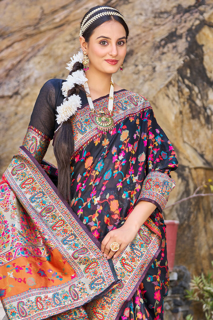 Stylish Black Pashmina saree With Scrumptious Blouse Piece Bvipul