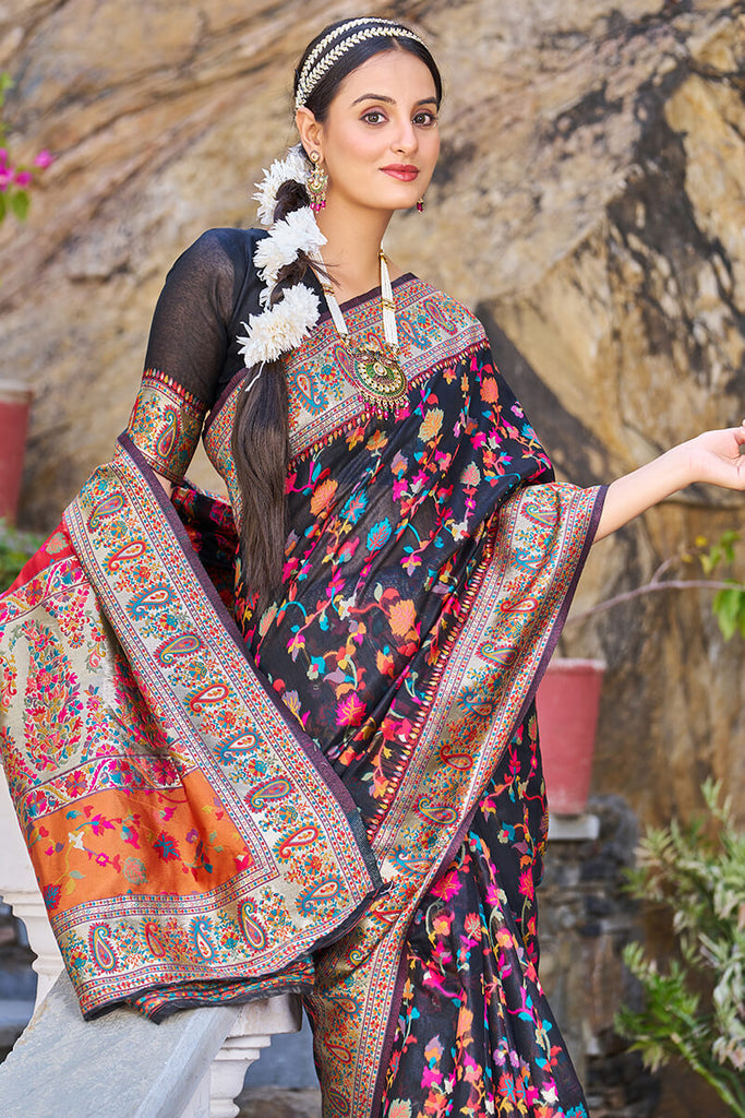 Stylish Black Pashmina saree With Scrumptious Blouse Piece Bvipul