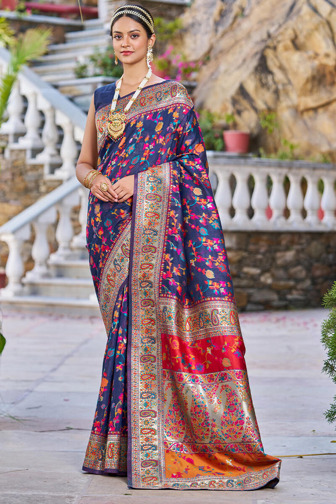 Outstanding Navy Blue Pashmina saree With Snazzy Blouse Piece Bvipul