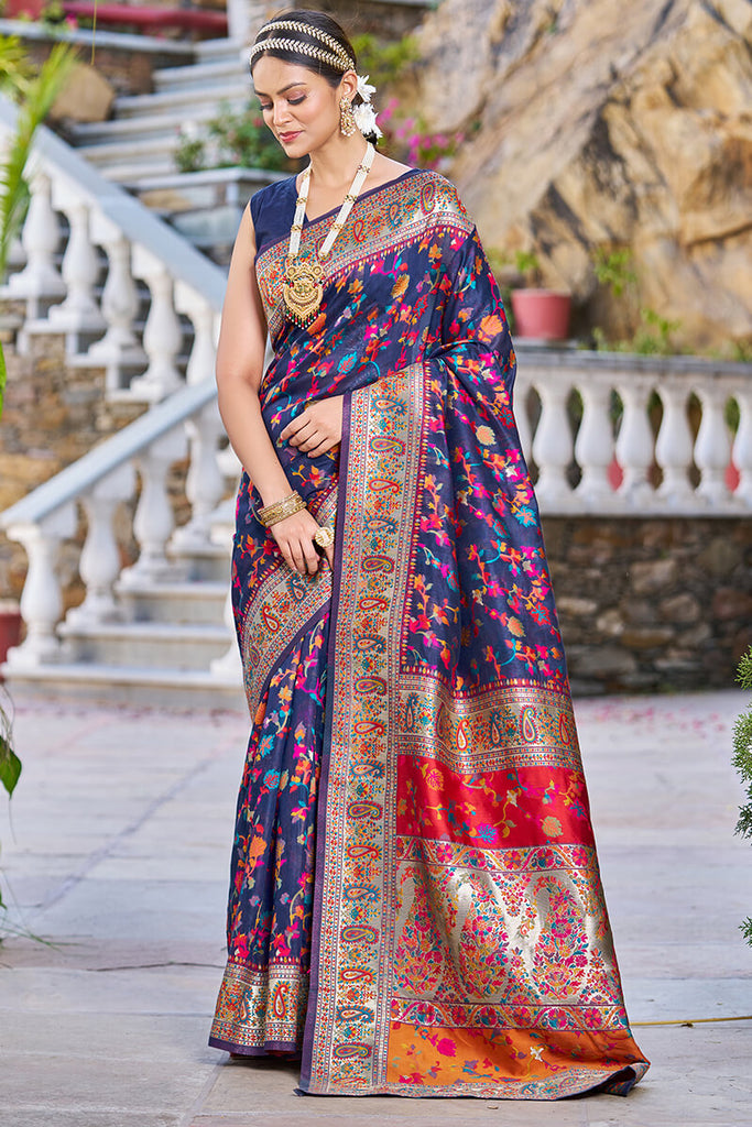 Outstanding Navy Blue Pashmina saree With Snazzy Blouse Piece Bvipul