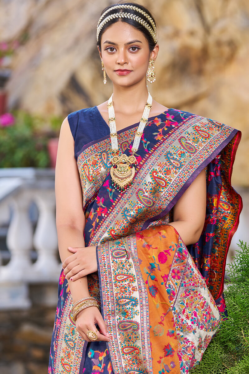 Outstanding Navy Blue Pashmina saree With Snazzy Blouse Piece Bvipul