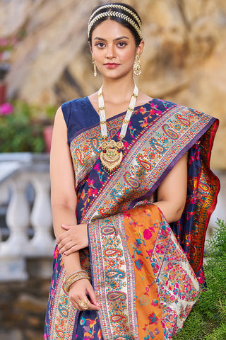 Outstanding Navy Blue Pashmina saree With Snazzy Blouse Piece Bvipul